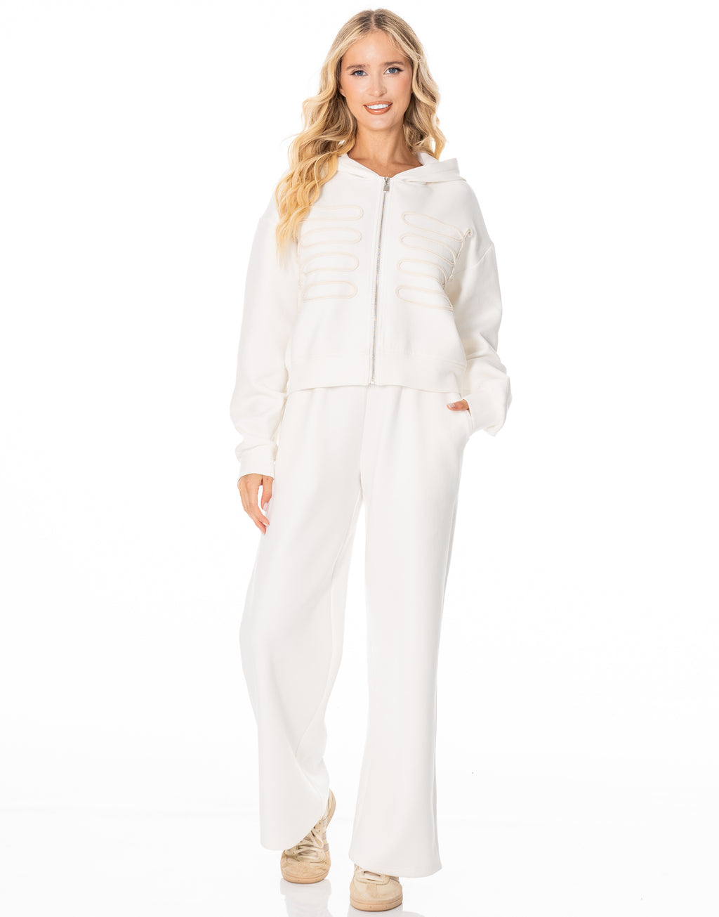 Corded Zip Hoodie and Wide Leg Pants Set - Beige