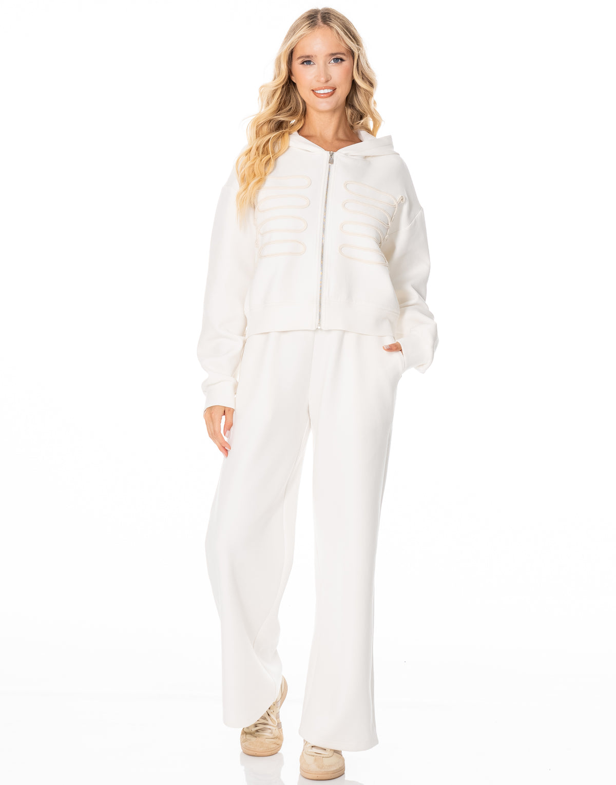 Corded Zip Hoodie and Wide Leg Pants Set - Beige