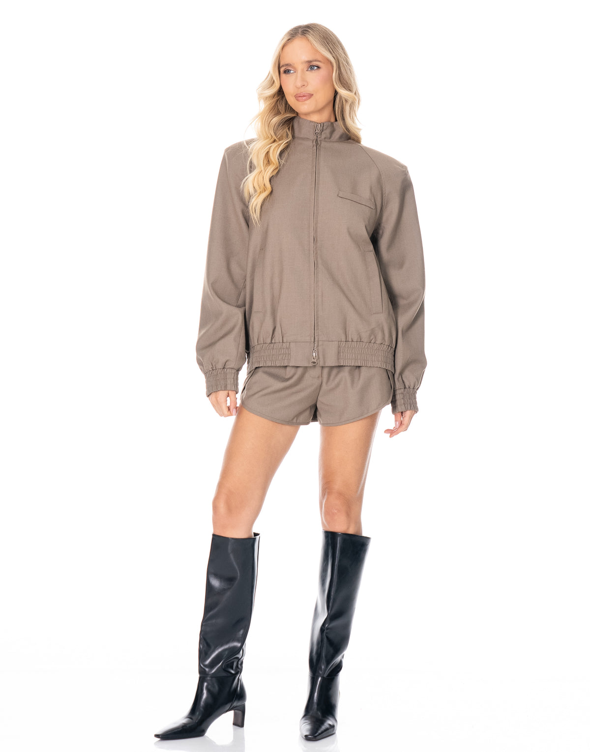 Zip Bomber Jacket and Shorts Set - Camel