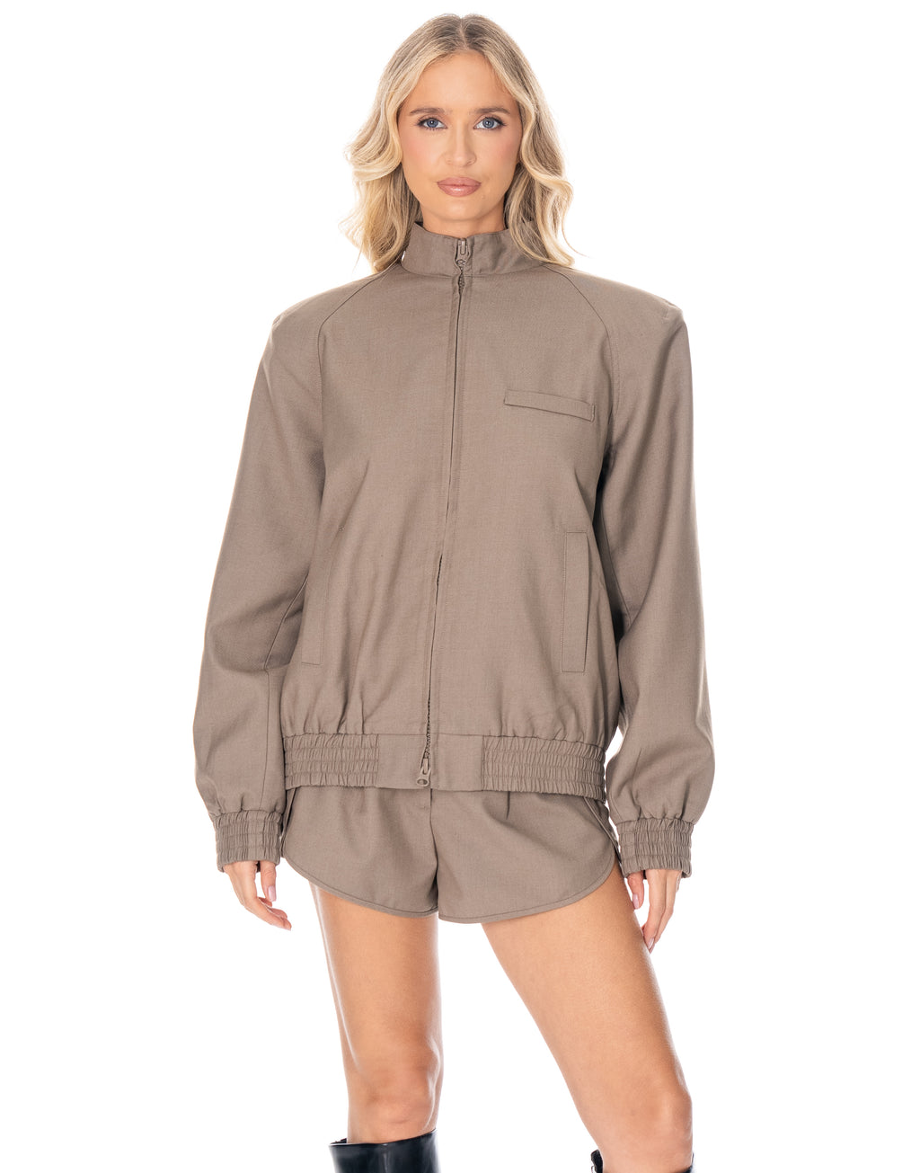 Zip Bomber Jacket and Shorts Set - Camel