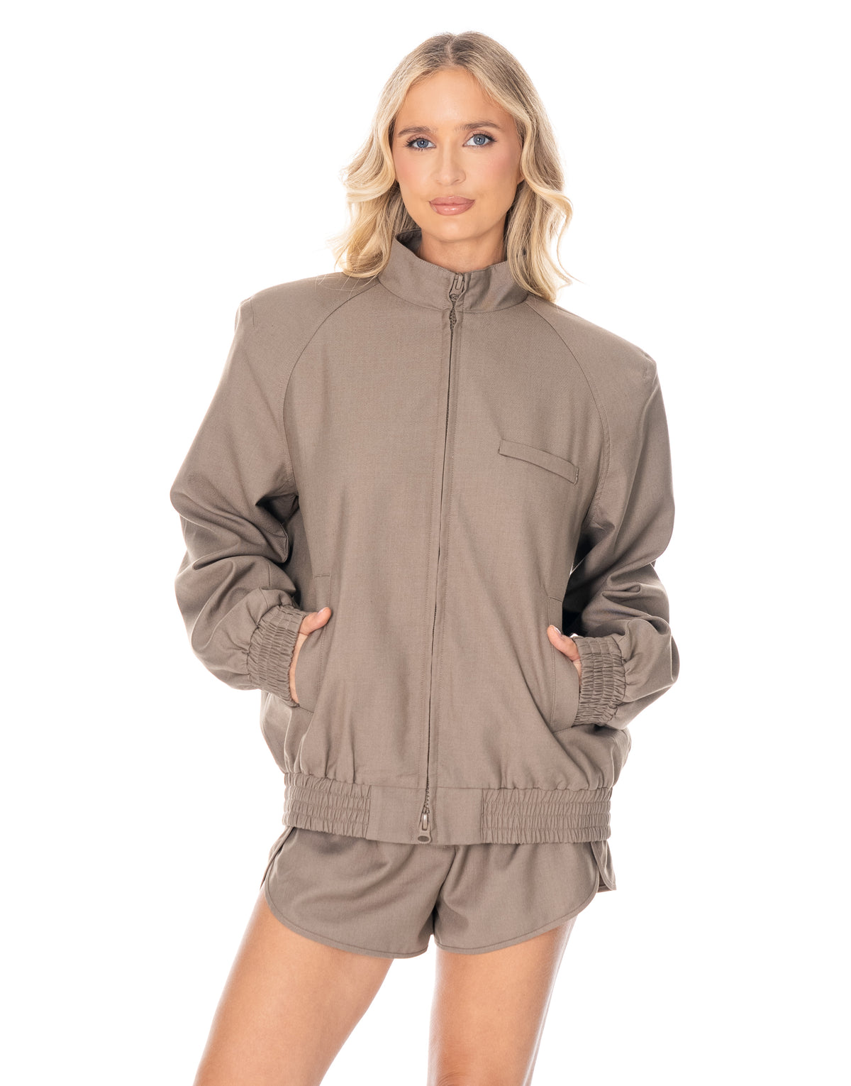 Zip Bomber Jacket and Shorts Set - Camel