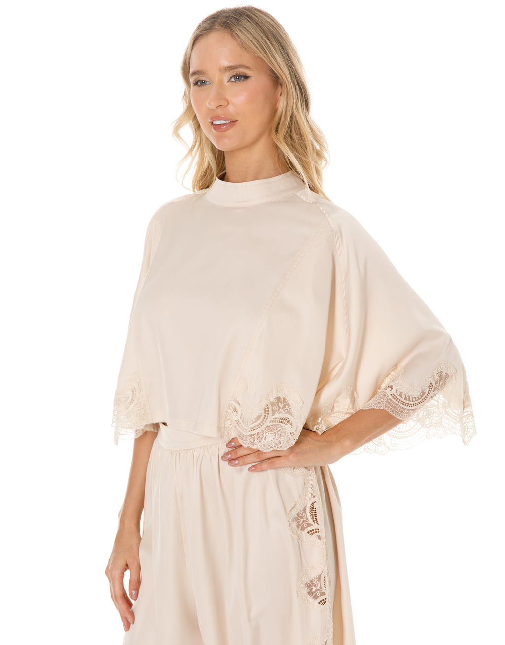 Lace Trim Kimono Sleeve Top and Harem Pants Set - Beige