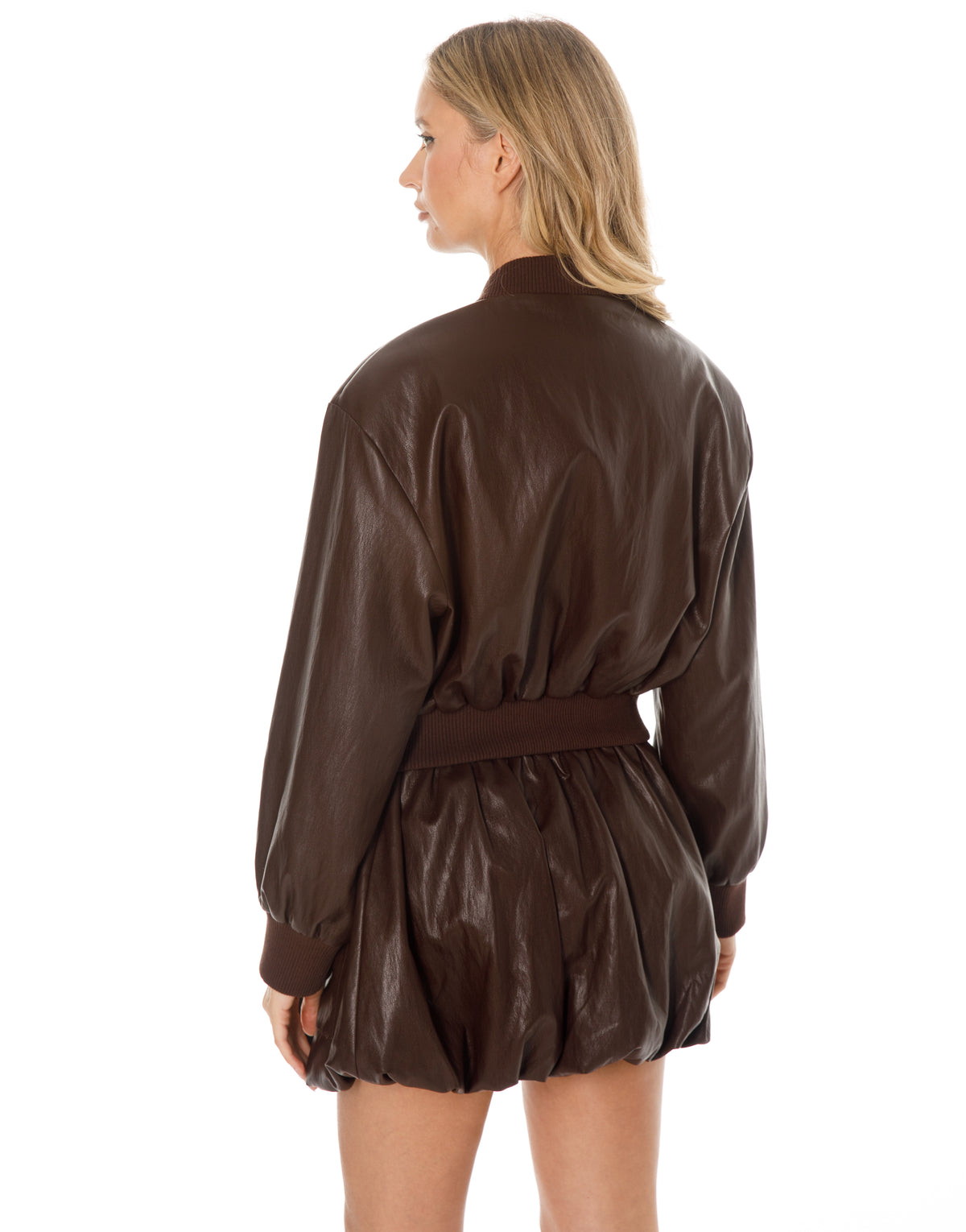 Faux Leather Bomber Jacket and Bubble Shorts Set - Coffee