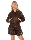 Faux Leather Bomber Jacket and Bubble Shorts Set - Coffee