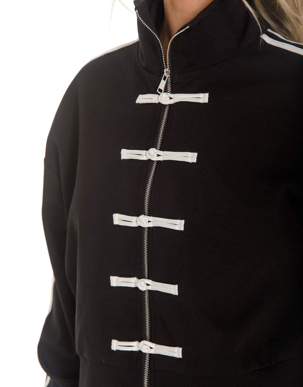 Frog Closure Zip Jacket and Track Pants Set - Black