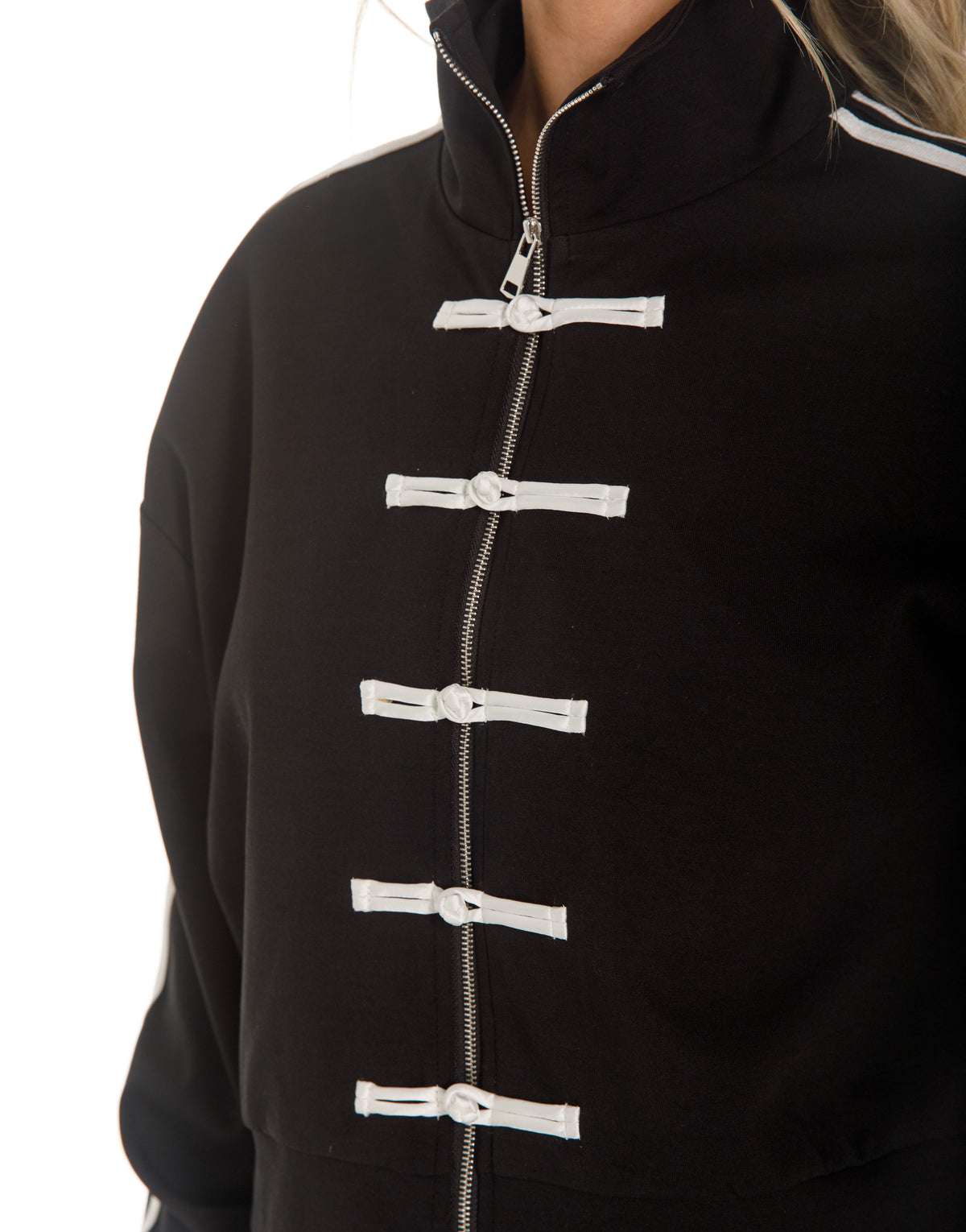Frog Closure Zip Jacket and Track Pants Set - Black