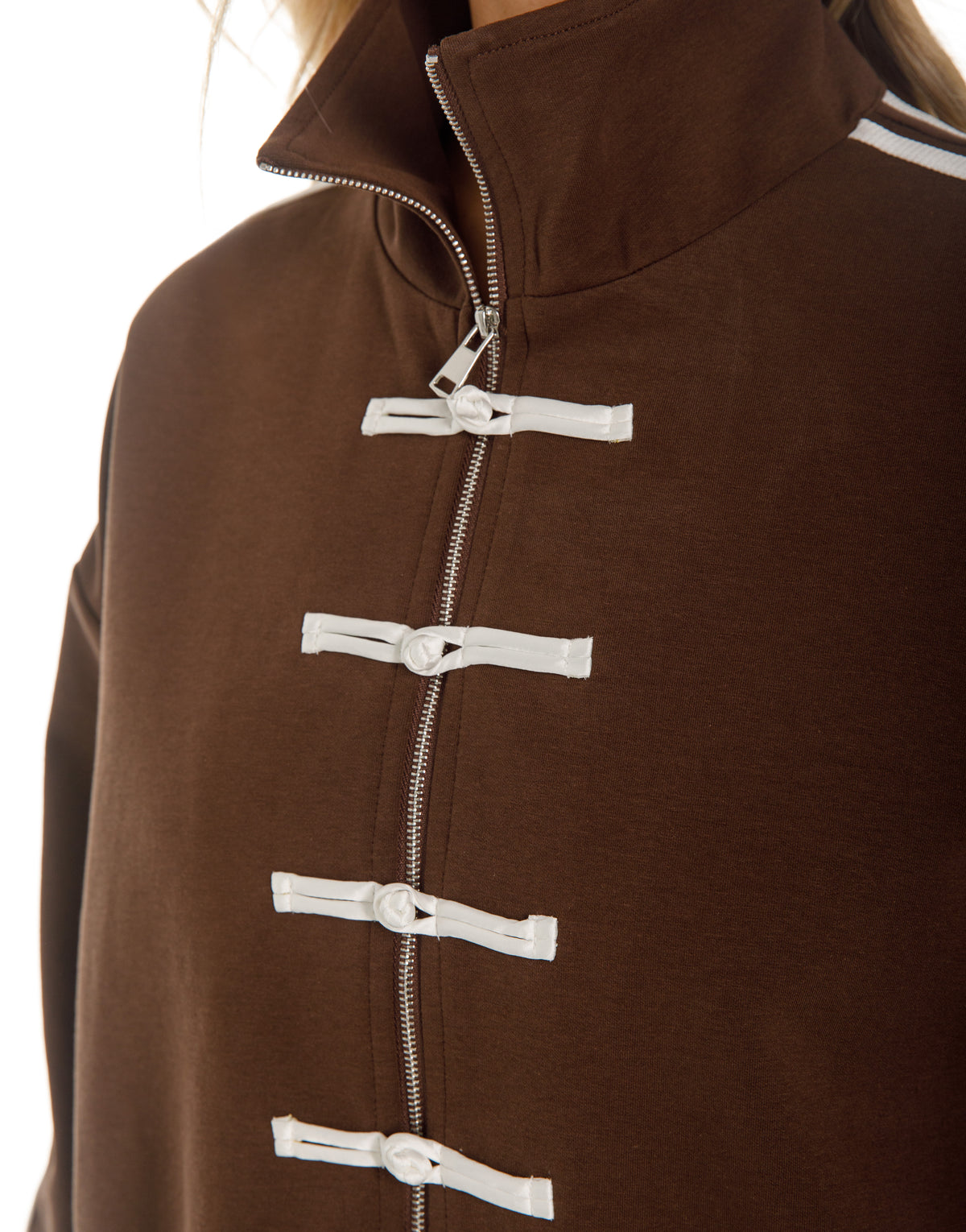 Frog Closure Zip Jacket and Track Pants Set - Brown