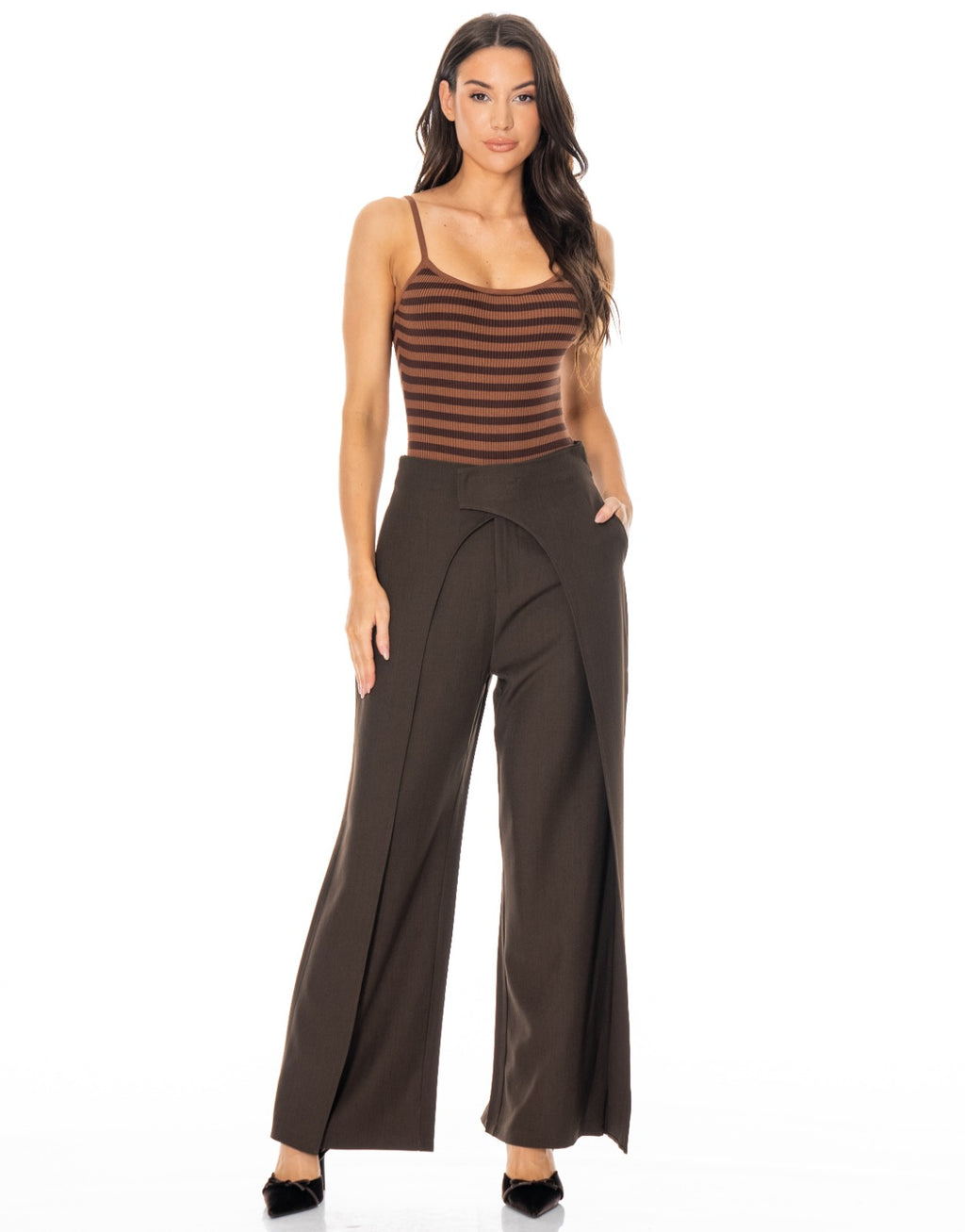 Striped Tank Bodysuit - Brown