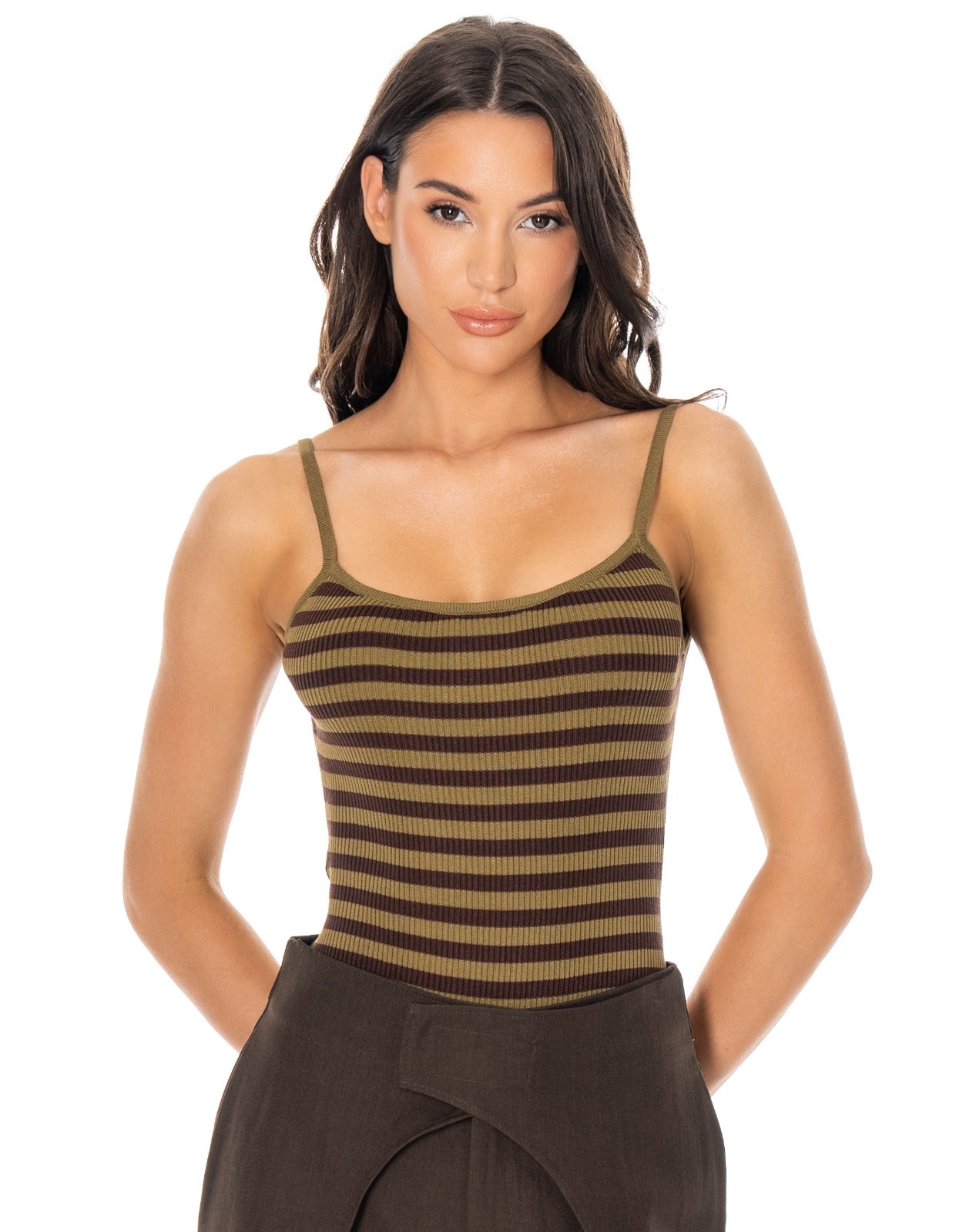 Striped Tank Bodysuit - Olive