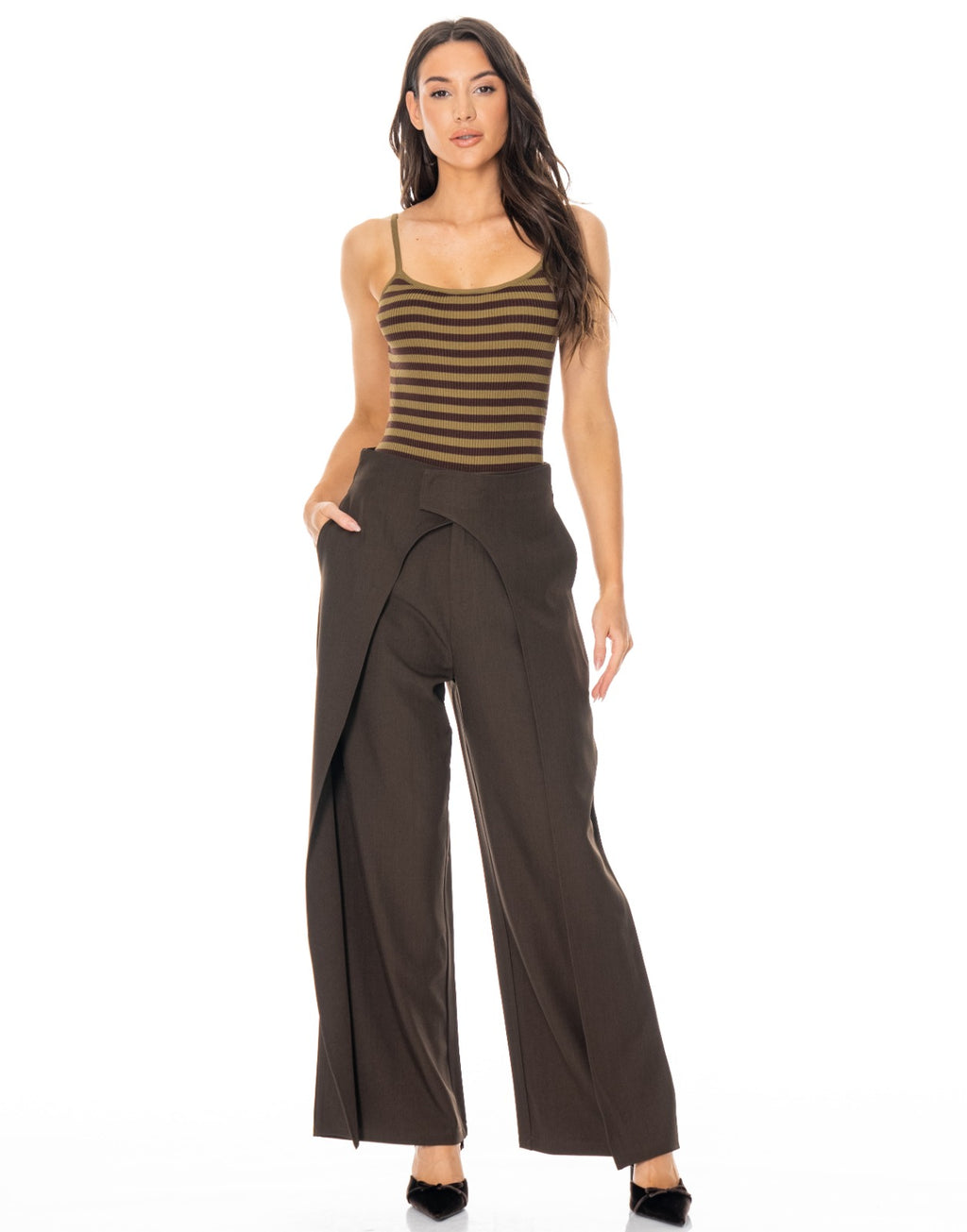 Striped Tank Bodysuit - Olive