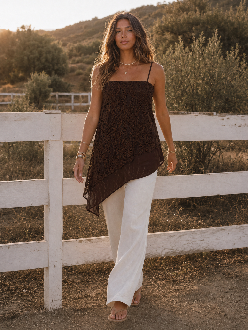 Asymmetrical Lace Overlay Tunic - Brown
