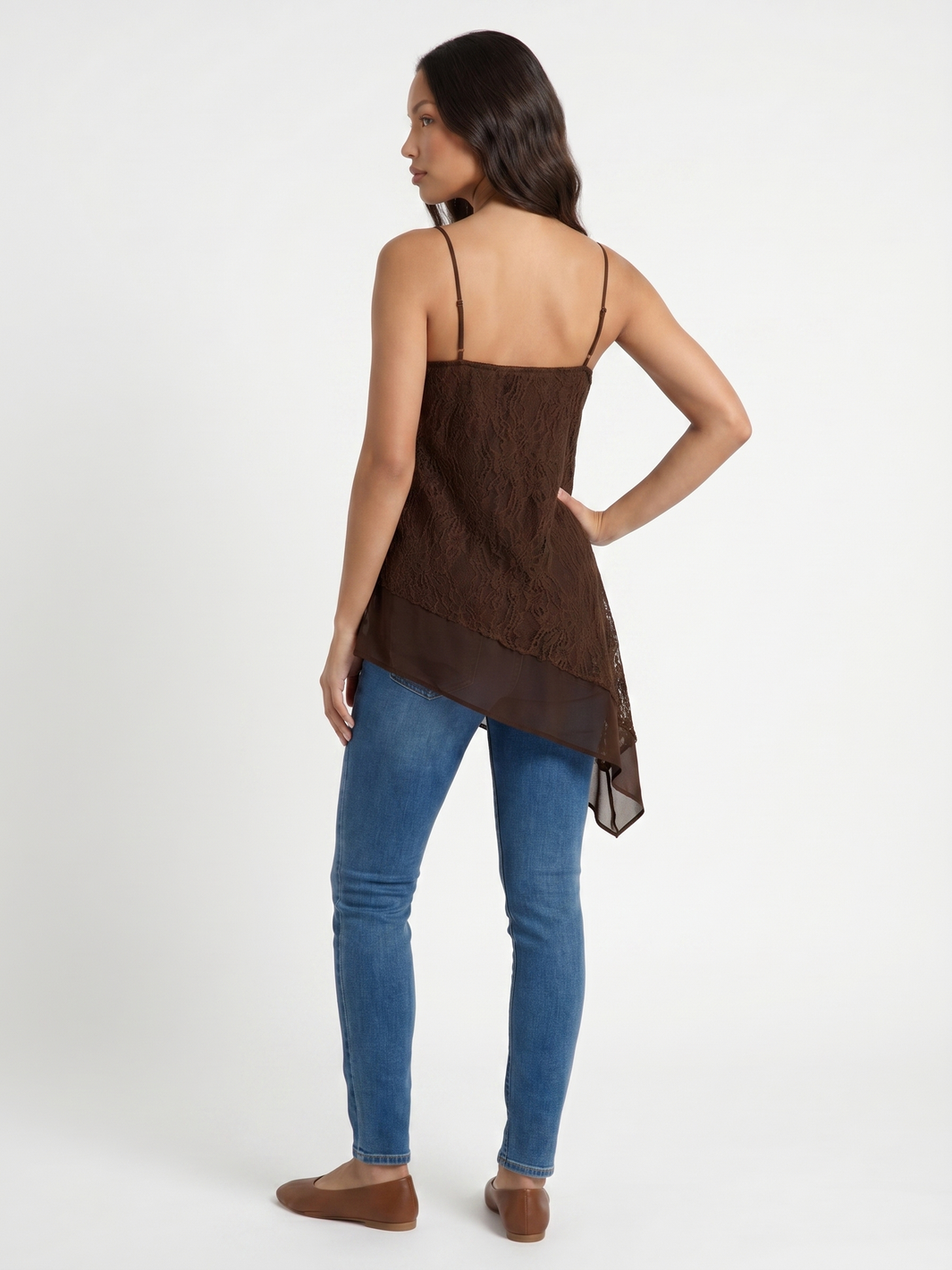 Asymmetrical Lace Overlay Tunic - Brown