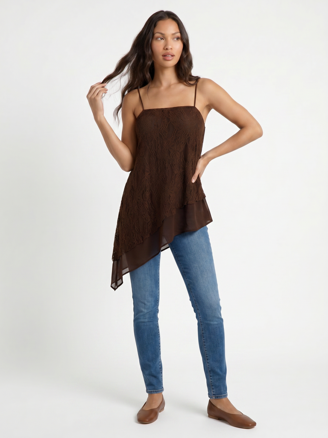 Asymmetrical Lace Overlay Tunic - Brown