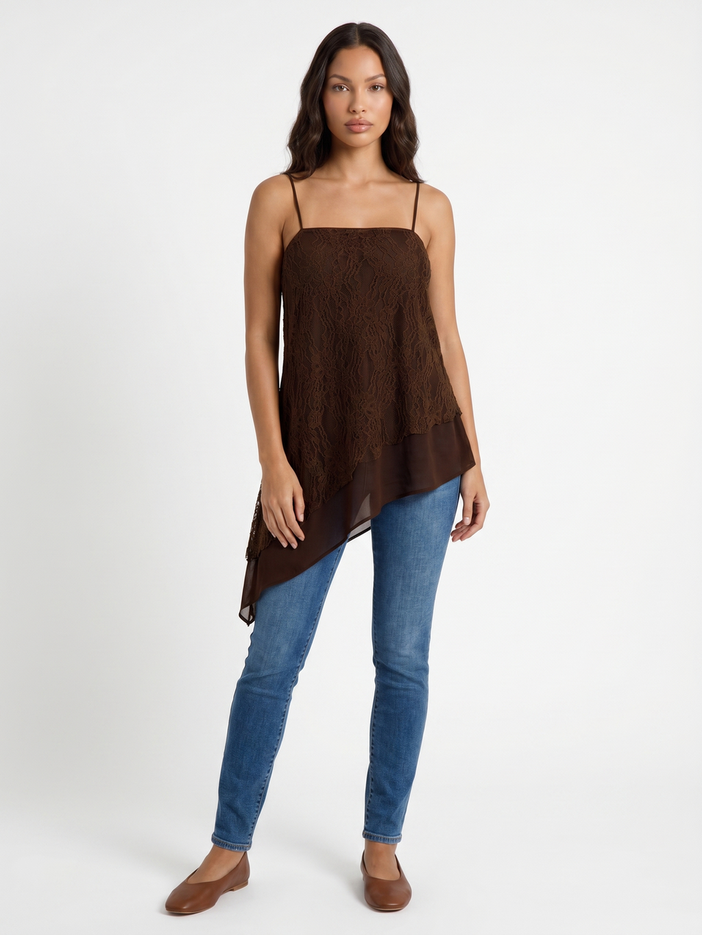 Asymmetrical Lace Overlay Tunic - Brown