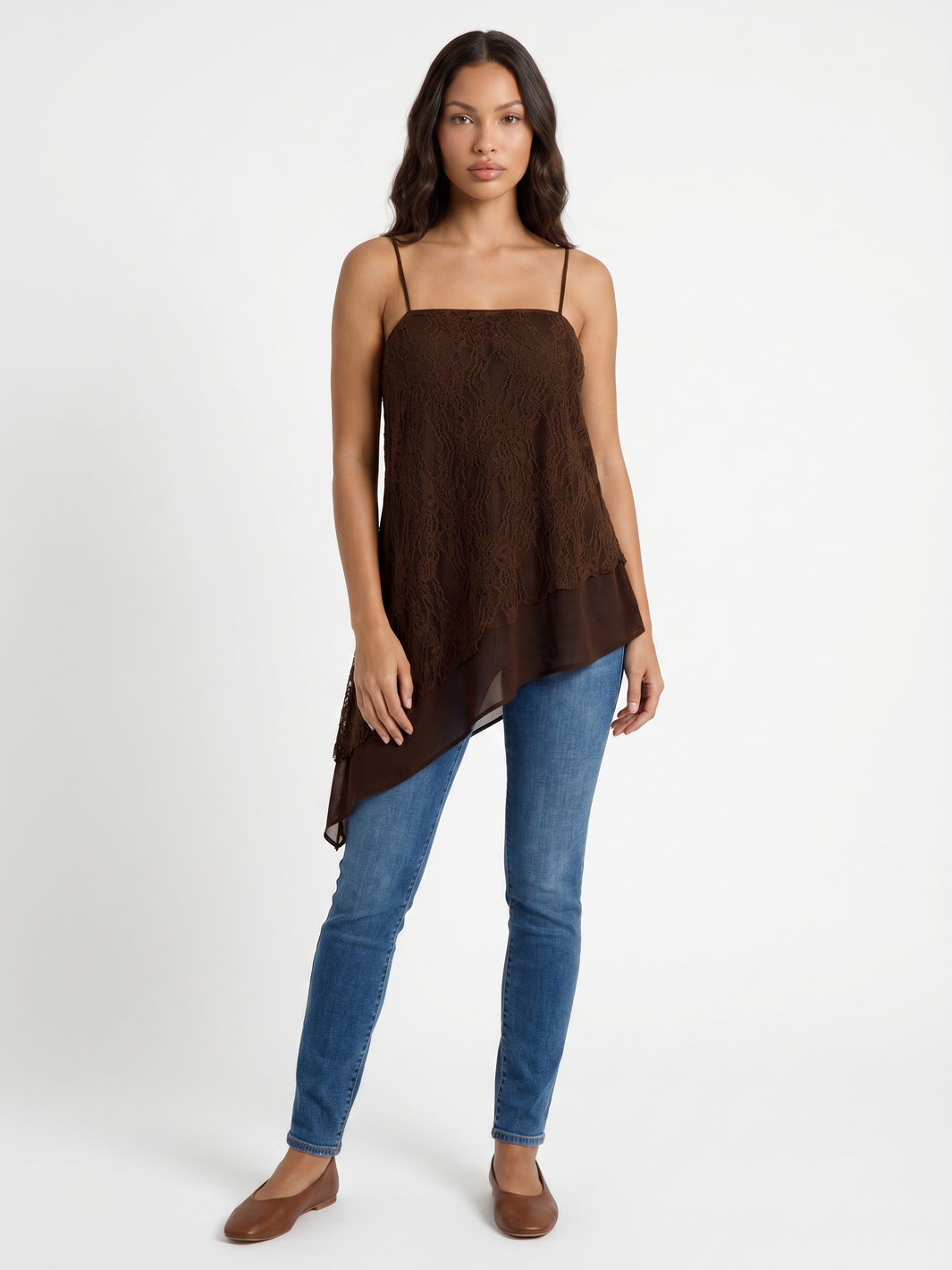 Asymmetrical Lace Overlay Tunic - Brown
