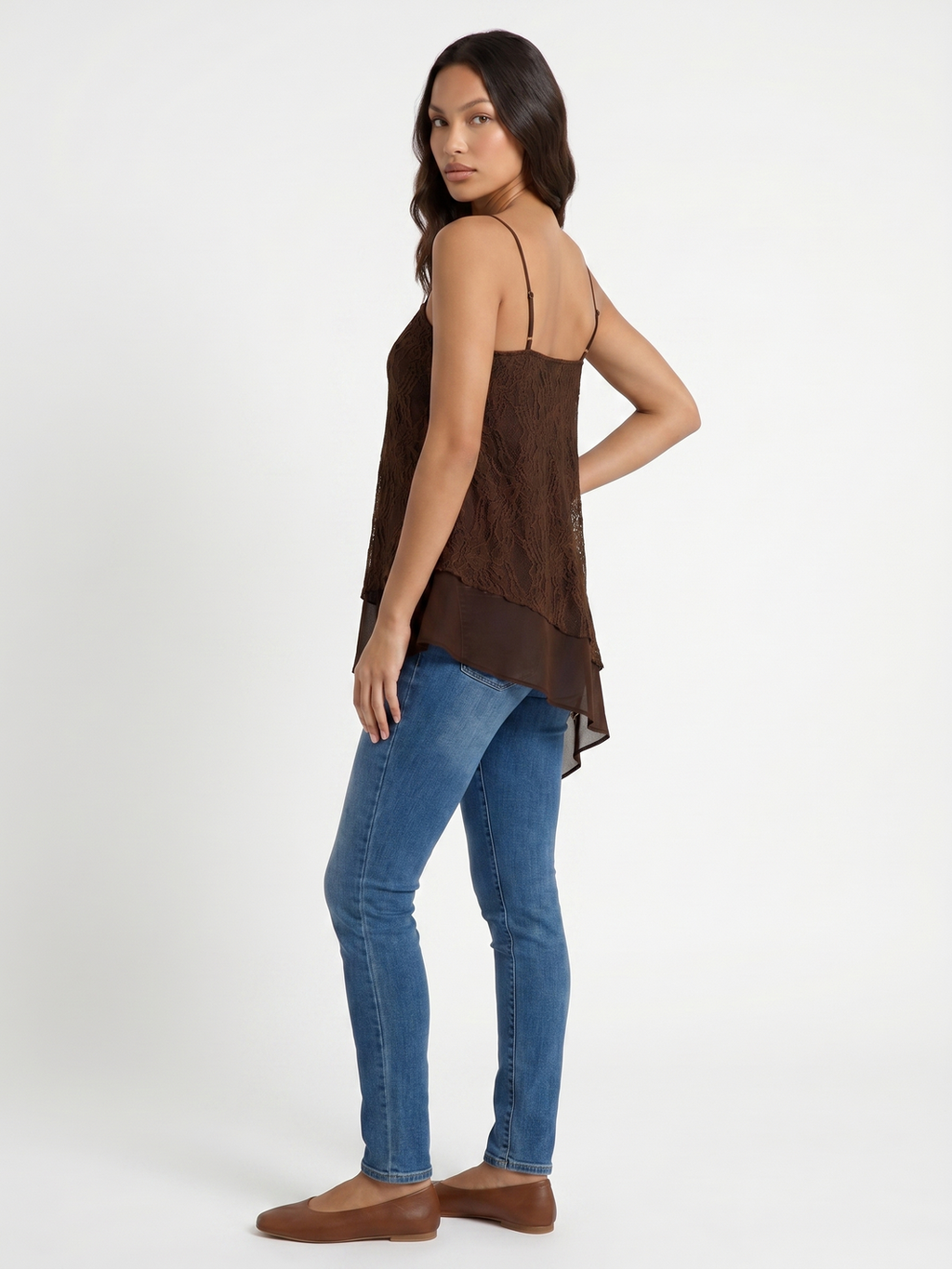 Asymmetrical Lace Overlay Tunic - Brown