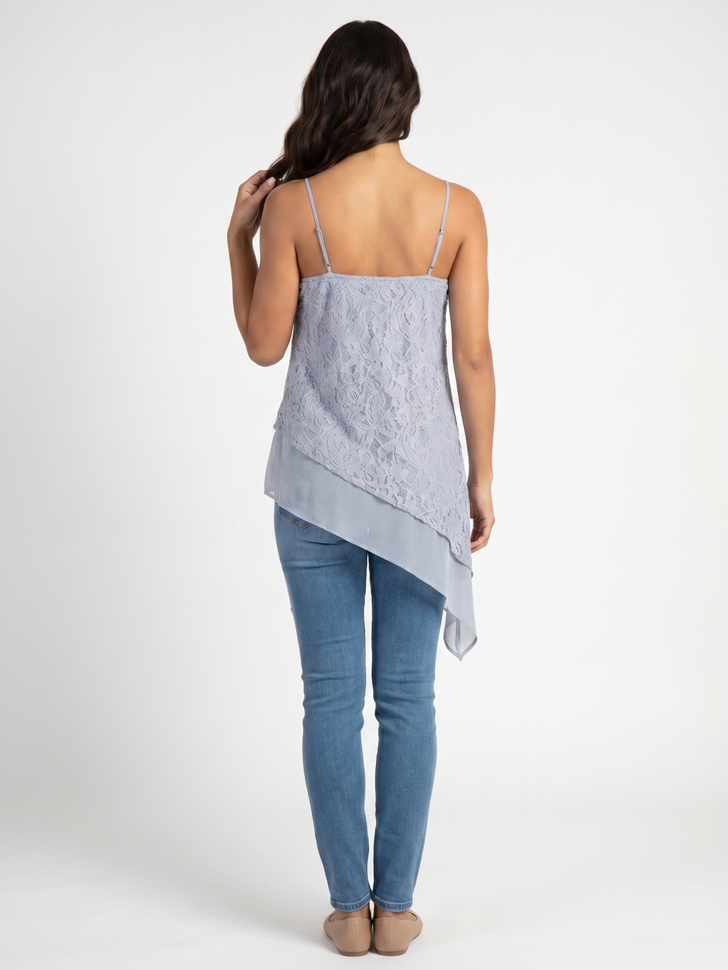 Asymmetrical Lace Overlay Top - Light Blue