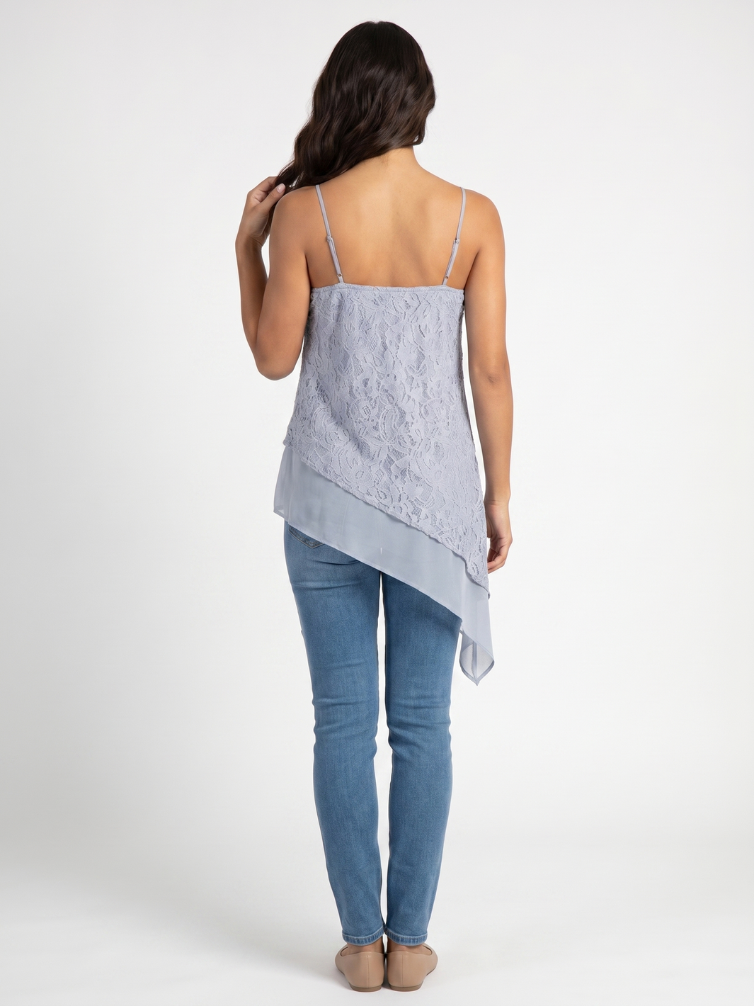 Asymmetrical Lace Overlay Top - Light Blue