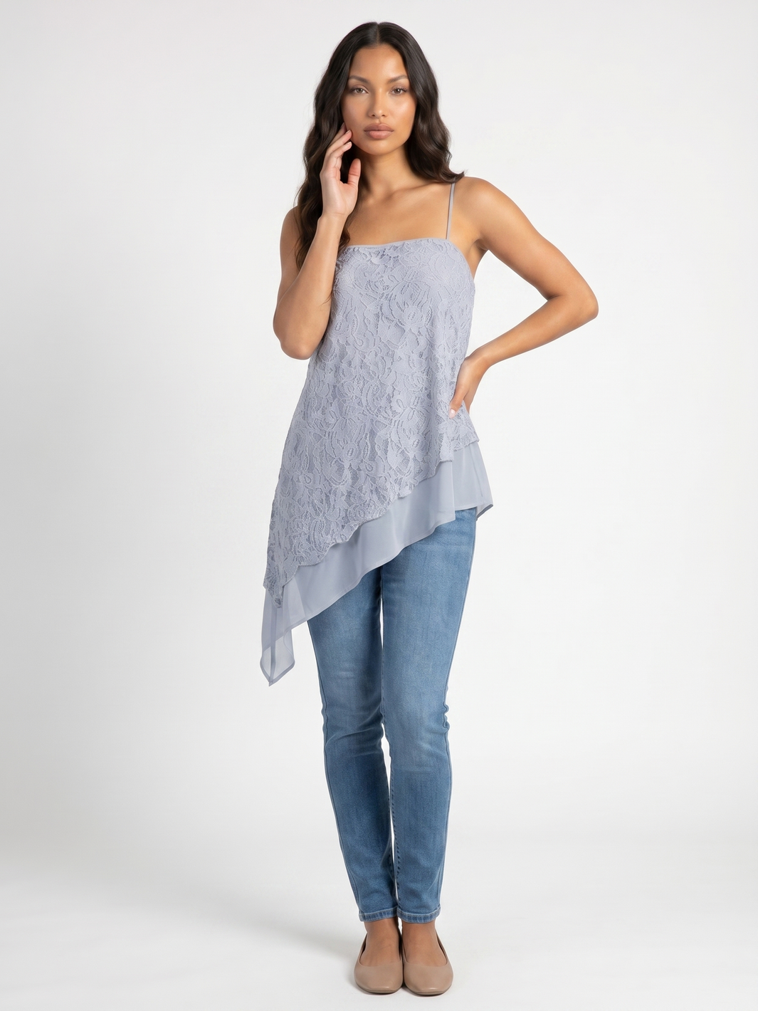 Asymmetrical Lace Overlay Top - Light Blue