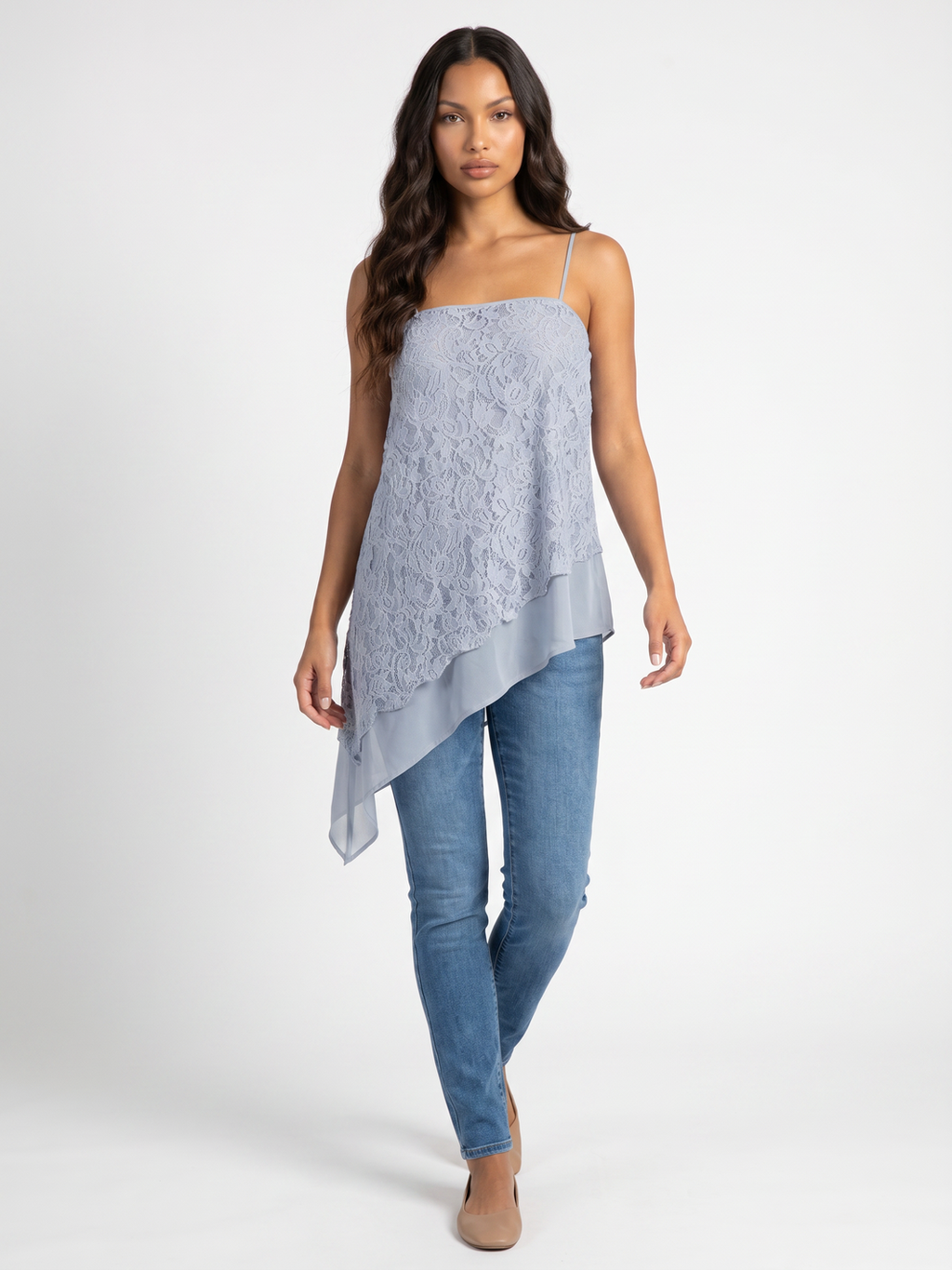 Asymmetrical Lace Overlay Top - Light Blue