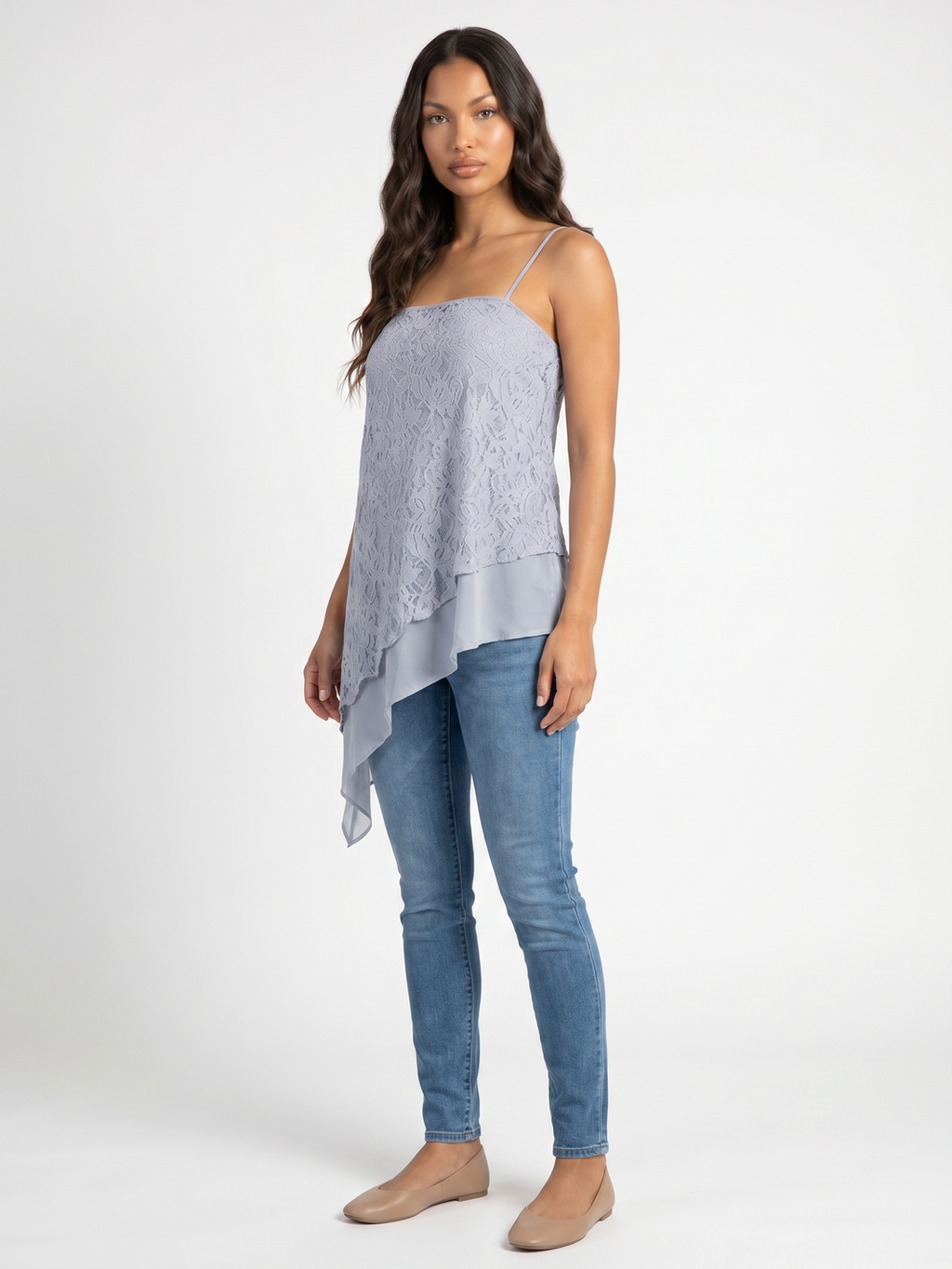 Asymmetrical Lace Overlay Top - Light Blue