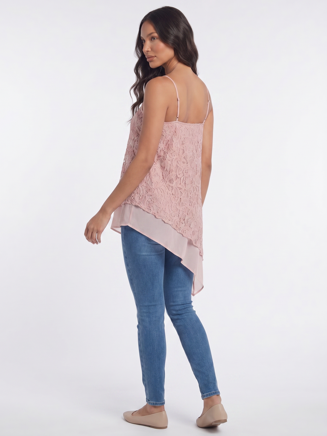 Asymmetrical Lace Overlay Camisole - Pink