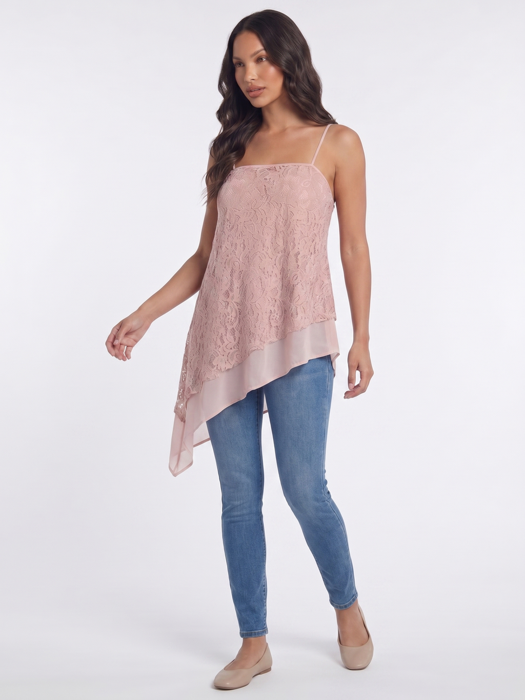 Asymmetrical Lace Overlay Camisole - Pink