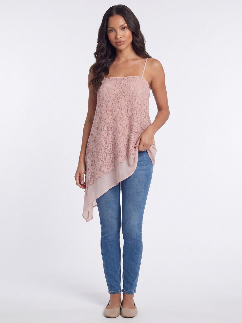 Asymmetrical Lace Overlay Camisole - Pink