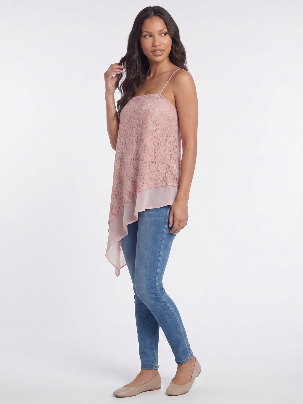 Asymmetrical Lace Overlay Camisole - Pink