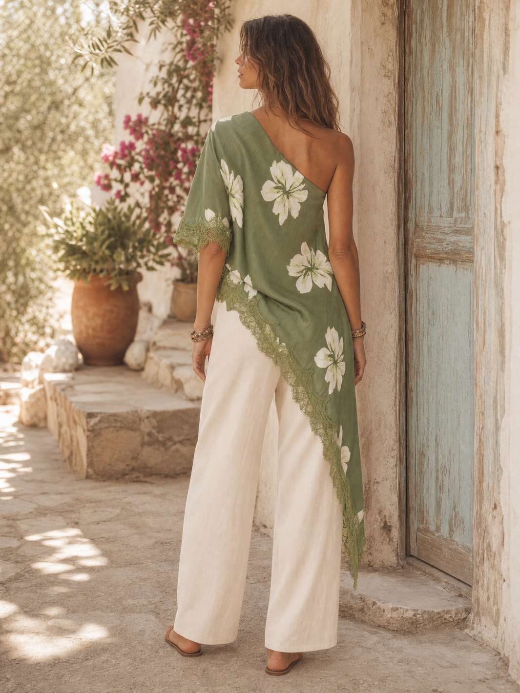 Asymmetrical Floral Poncho Top - Green