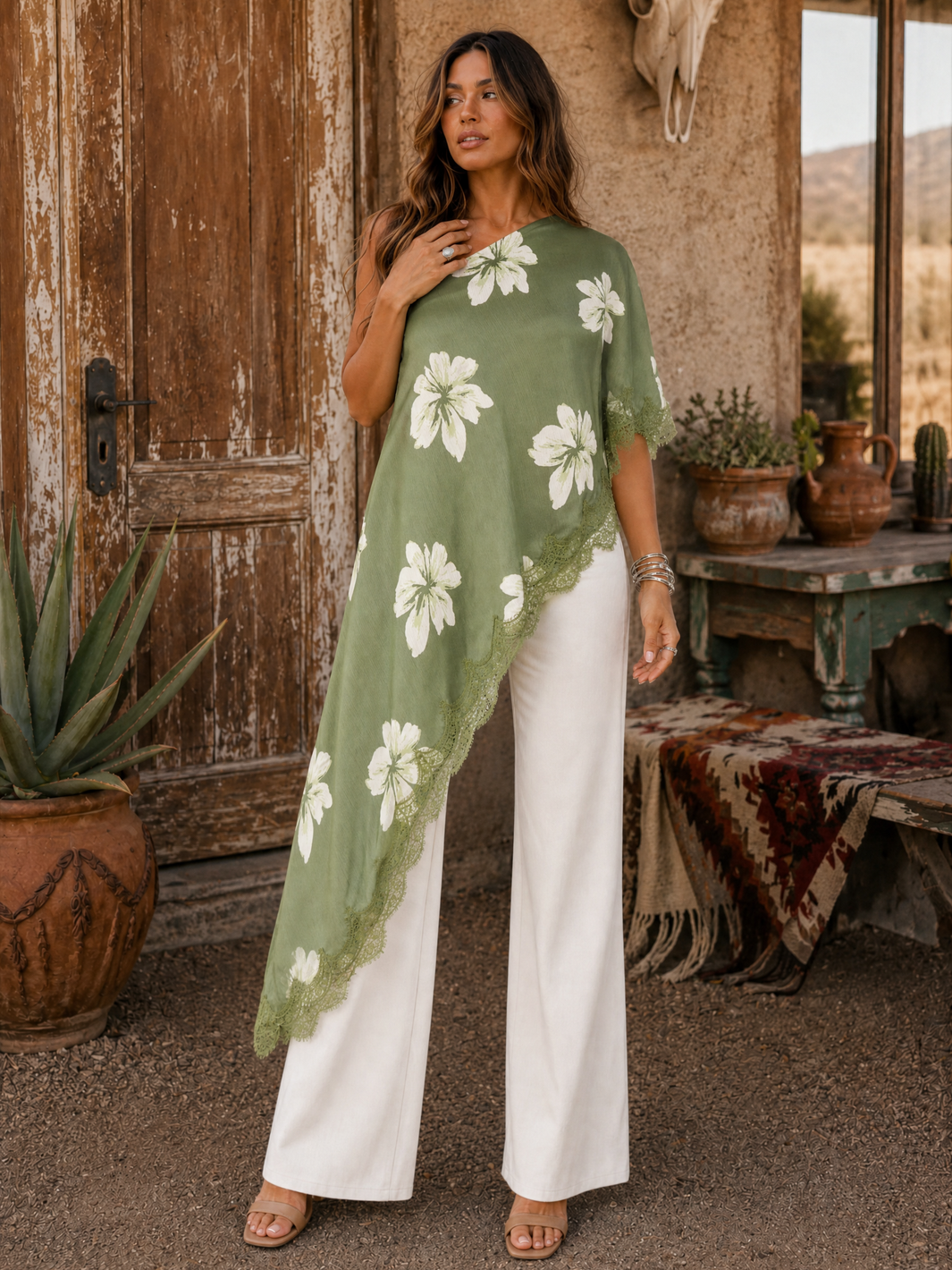 Asymmetrical Floral Poncho Top - Green