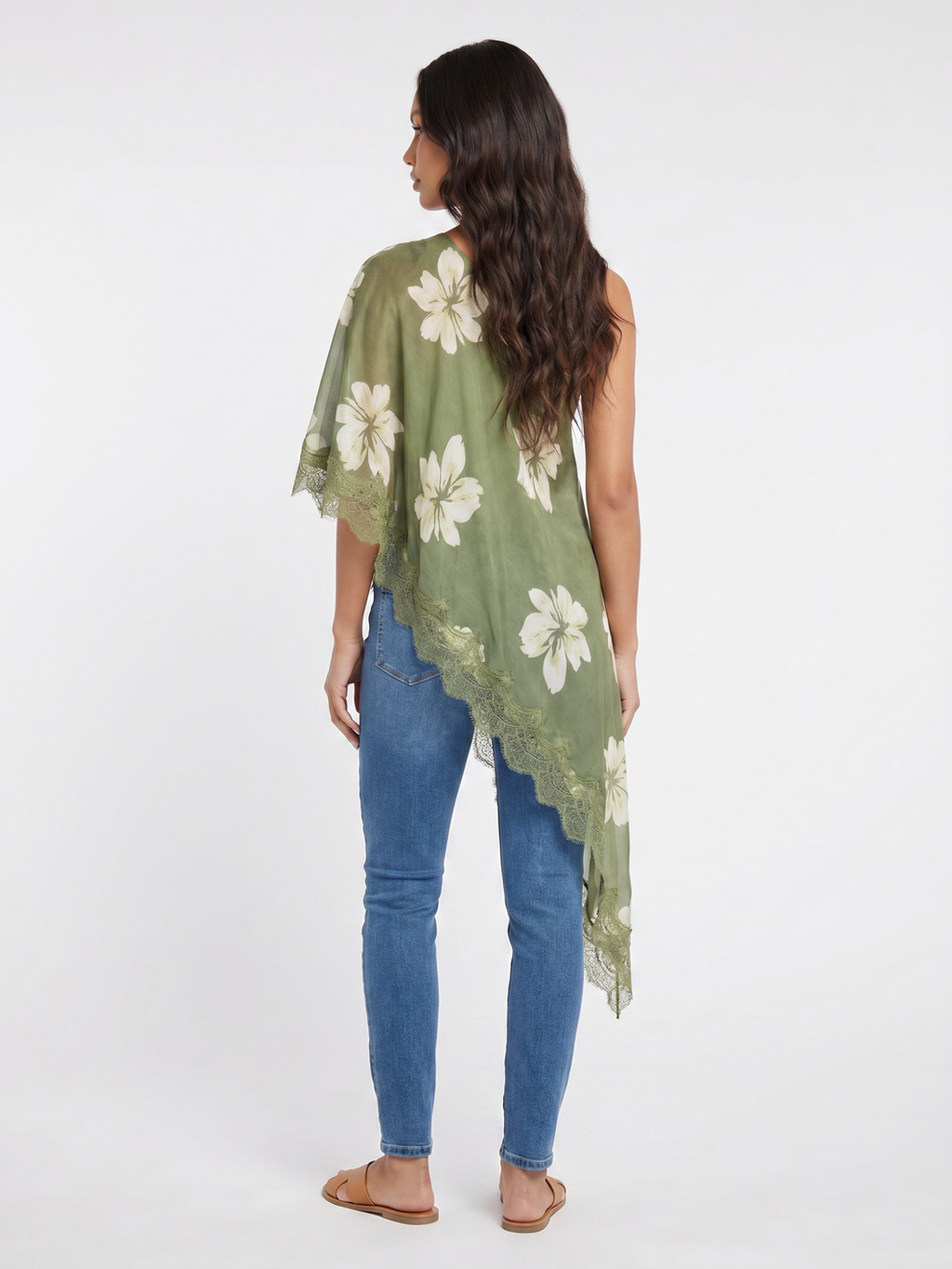 Asymmetrical Floral Poncho Top - Green