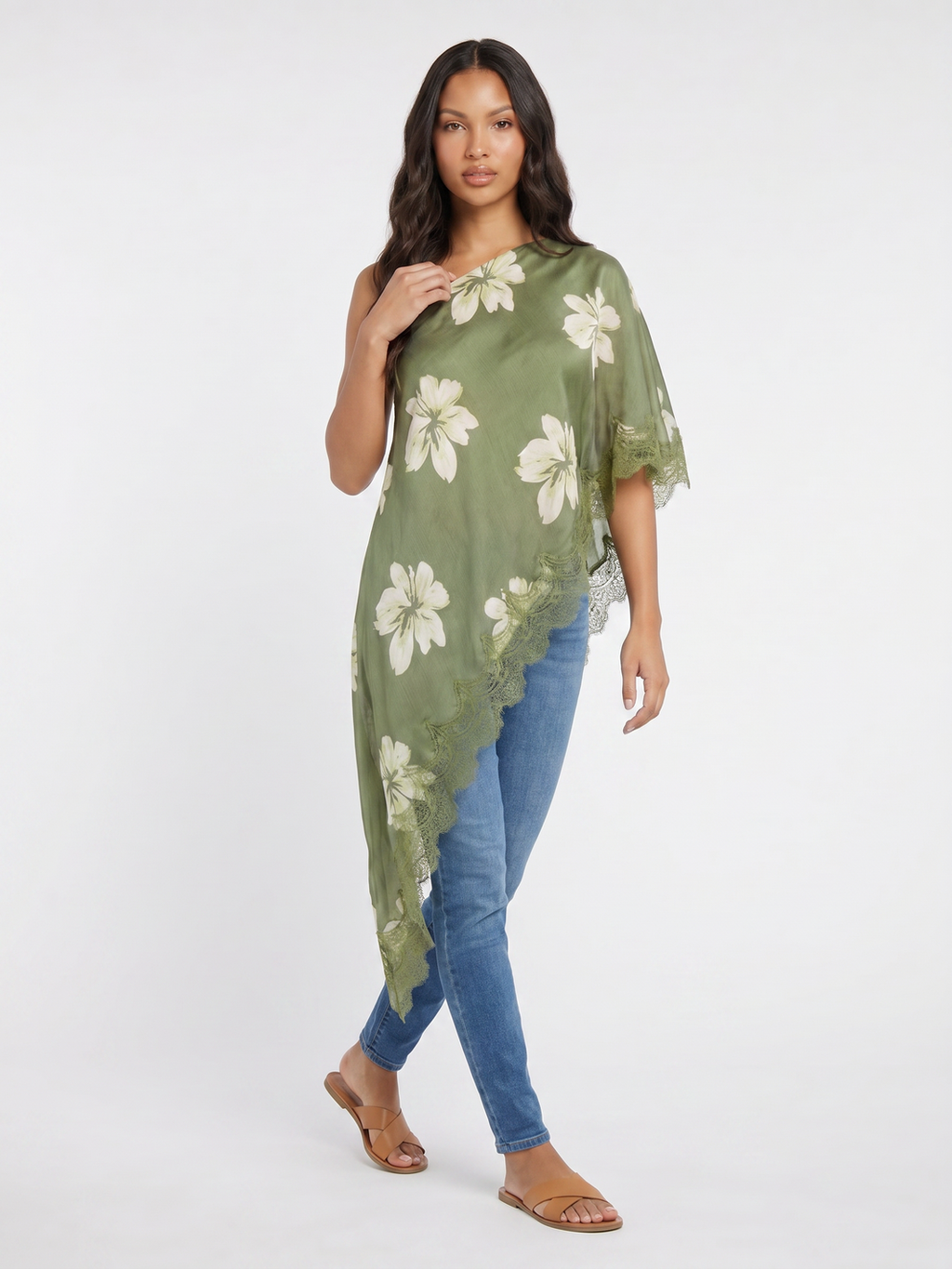 Asymmetrical Floral Poncho Top - Green