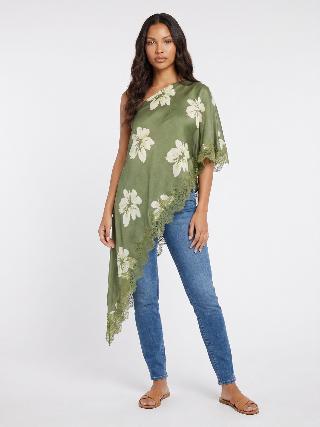 Asymmetrical Floral Poncho Top - Green