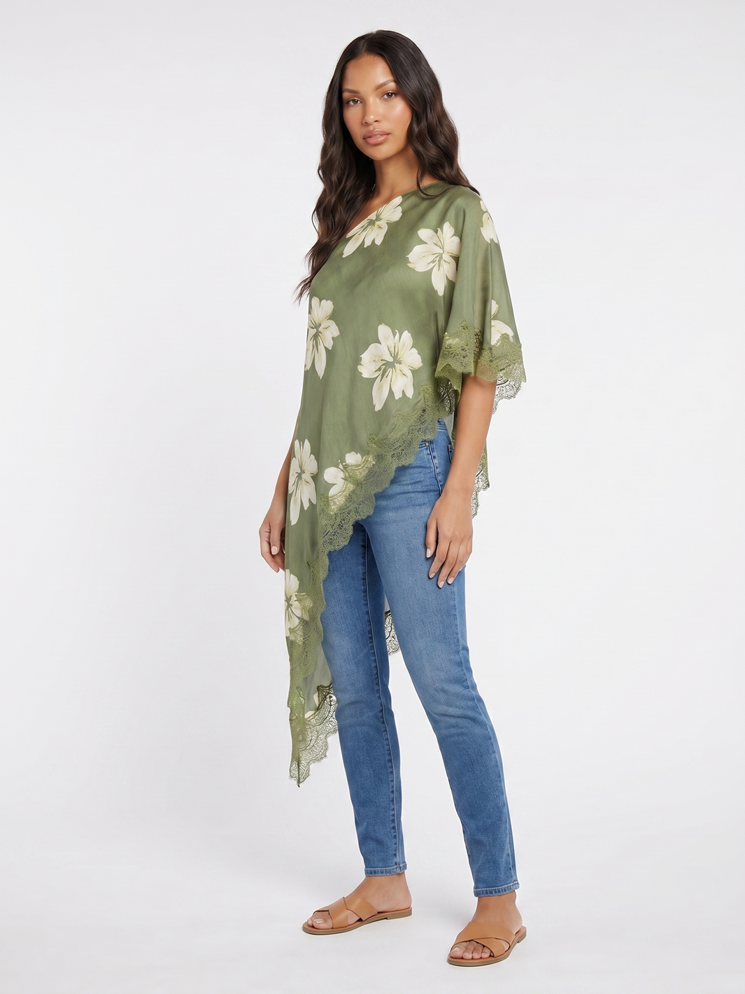 Asymmetrical Floral Poncho Top - Green