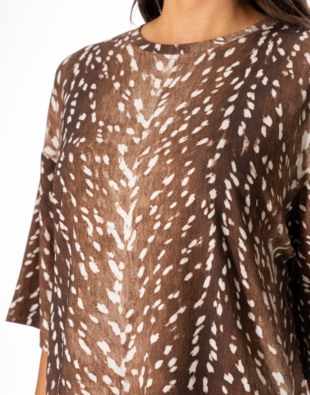 Fawn Print Lace Hem Tee - Brown