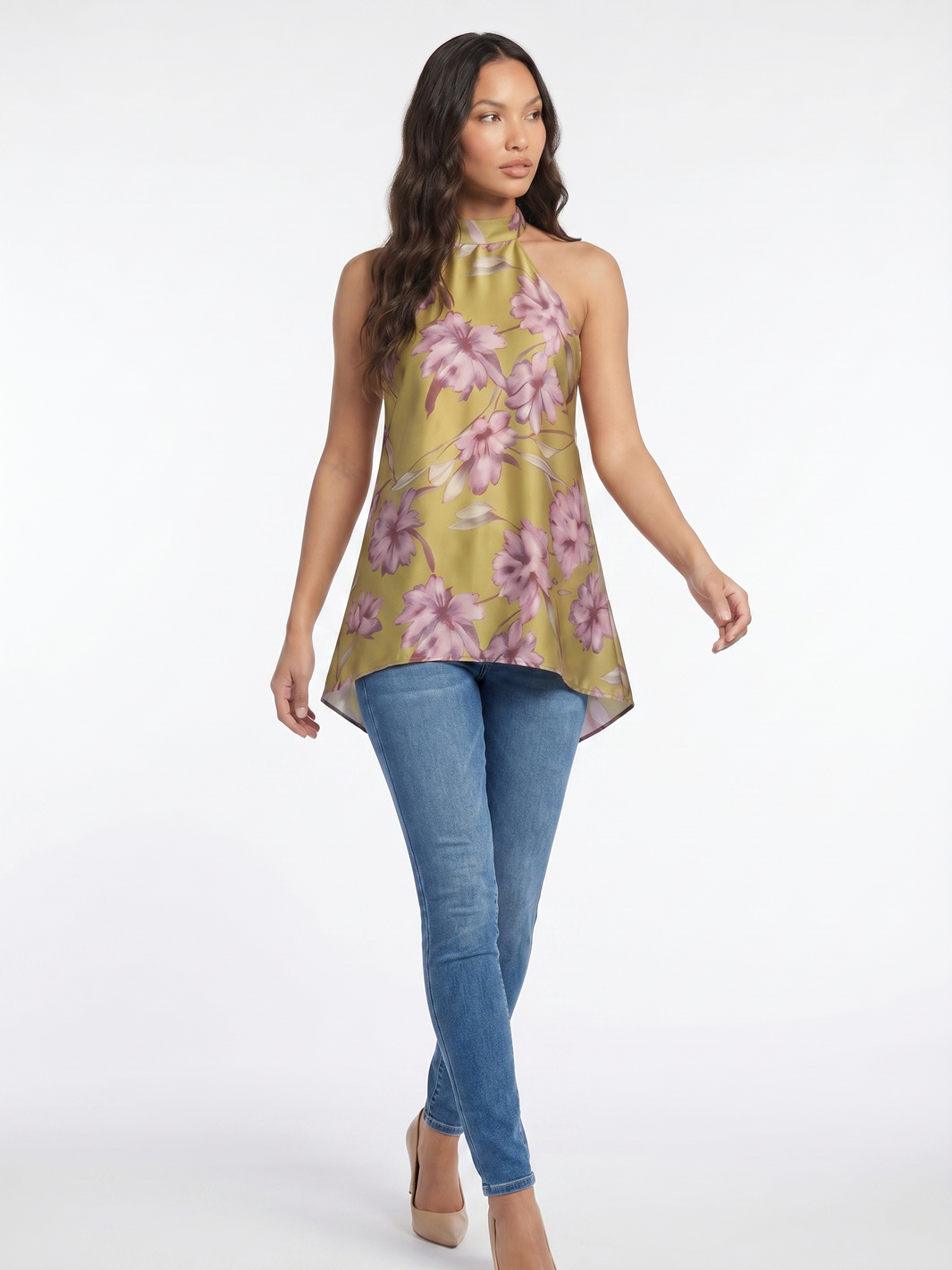 Sleeveless Floral Halter Top - Green