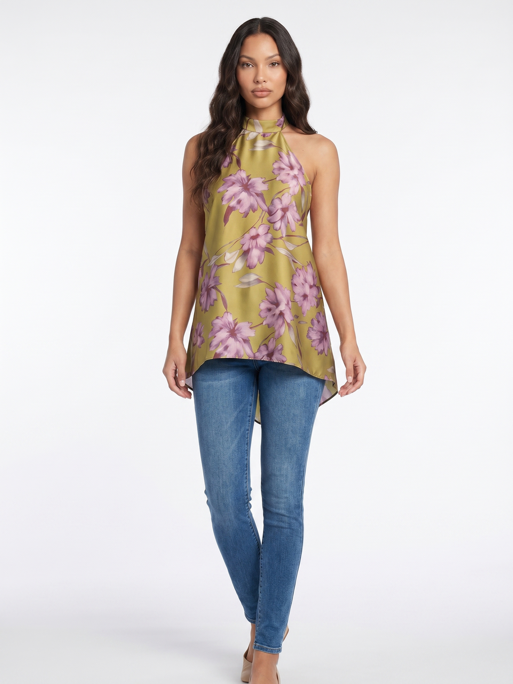 Sleeveless Floral Halter Top - Green
