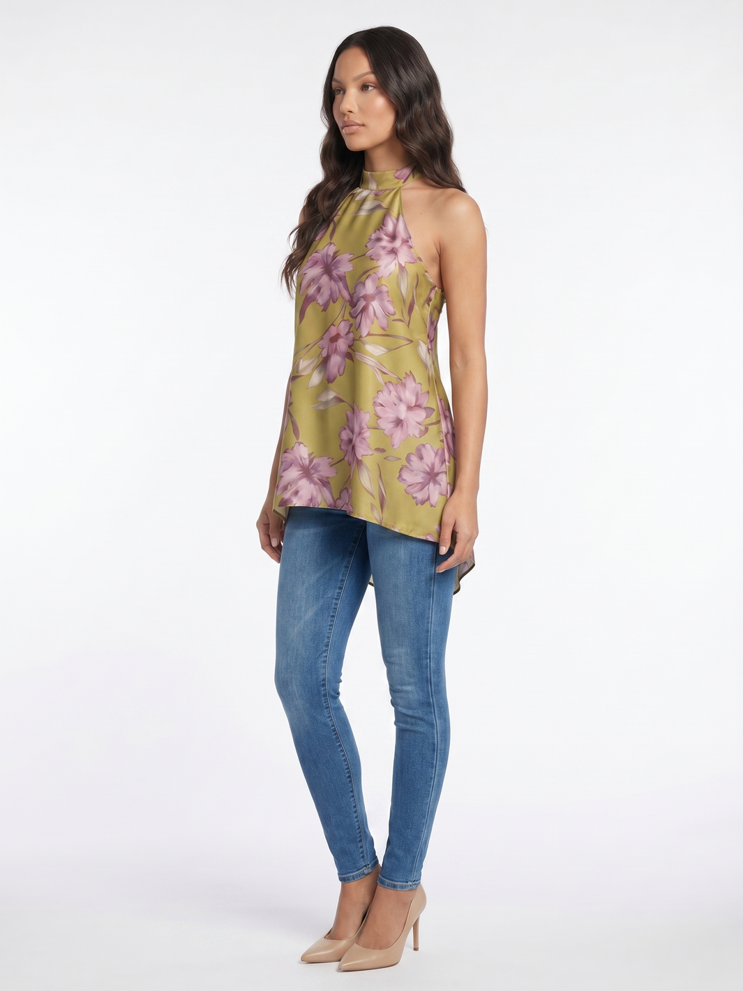 Sleeveless Floral Halter Top - Green