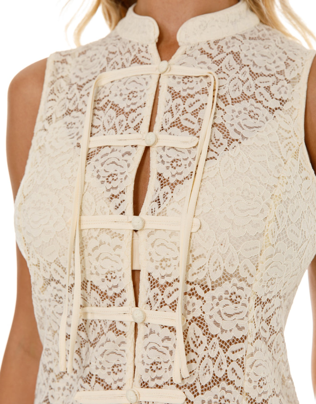 Lace Frog Button Blouse - Beige