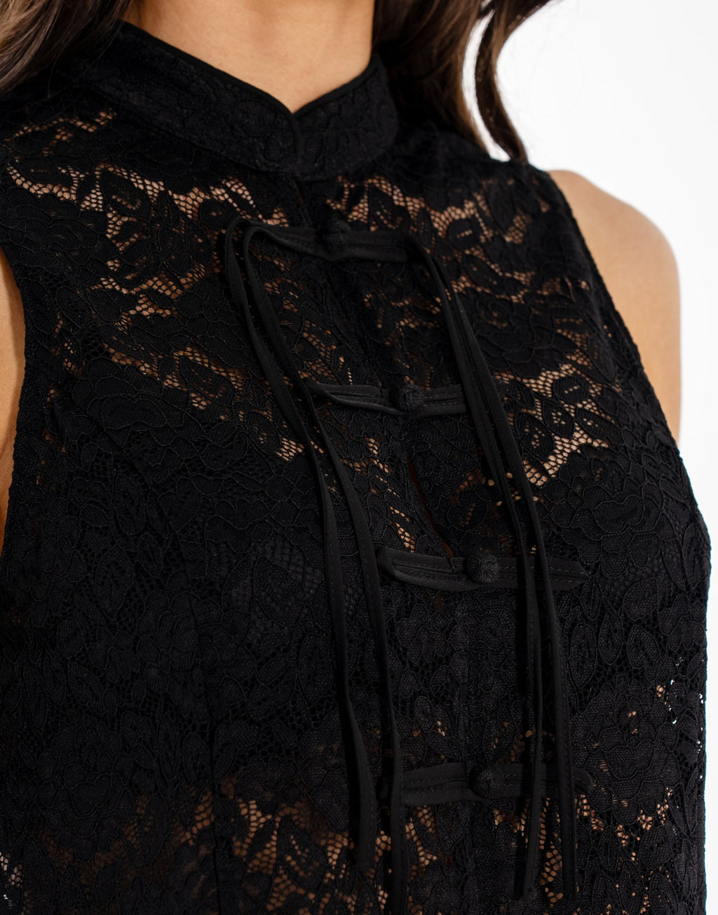 Lace Frog Button Blouse - Black