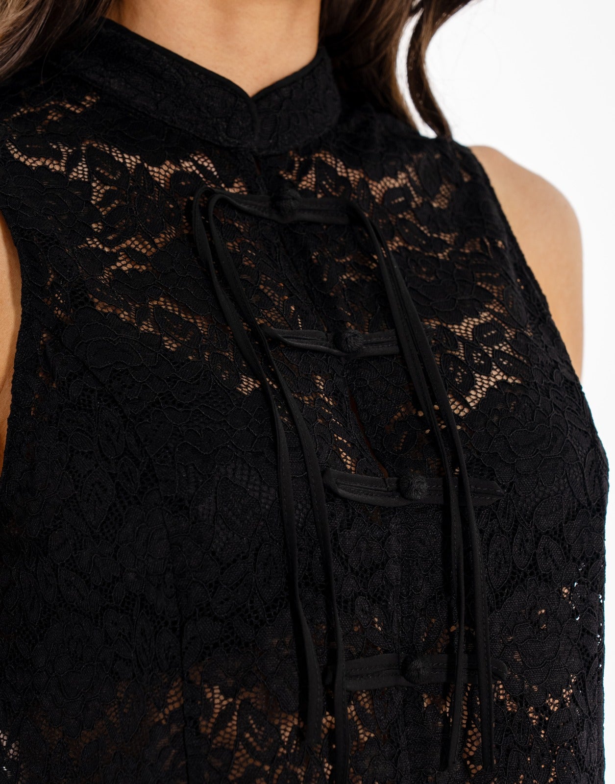 Lace Frog Button Blouse - Black