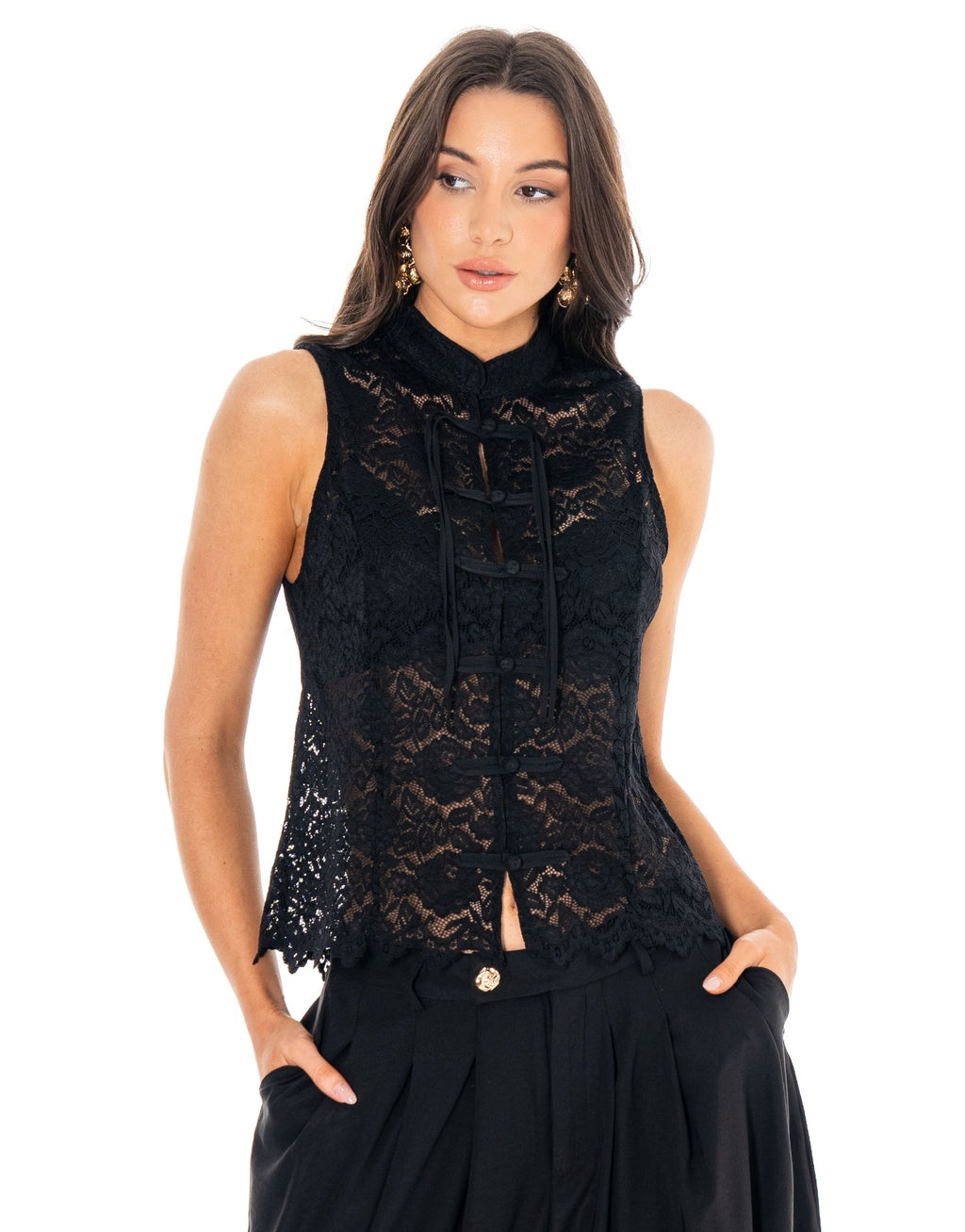 Lace Frog Button Blouse - Black
