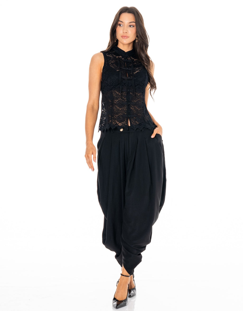 Lace Frog Button Blouse - Black