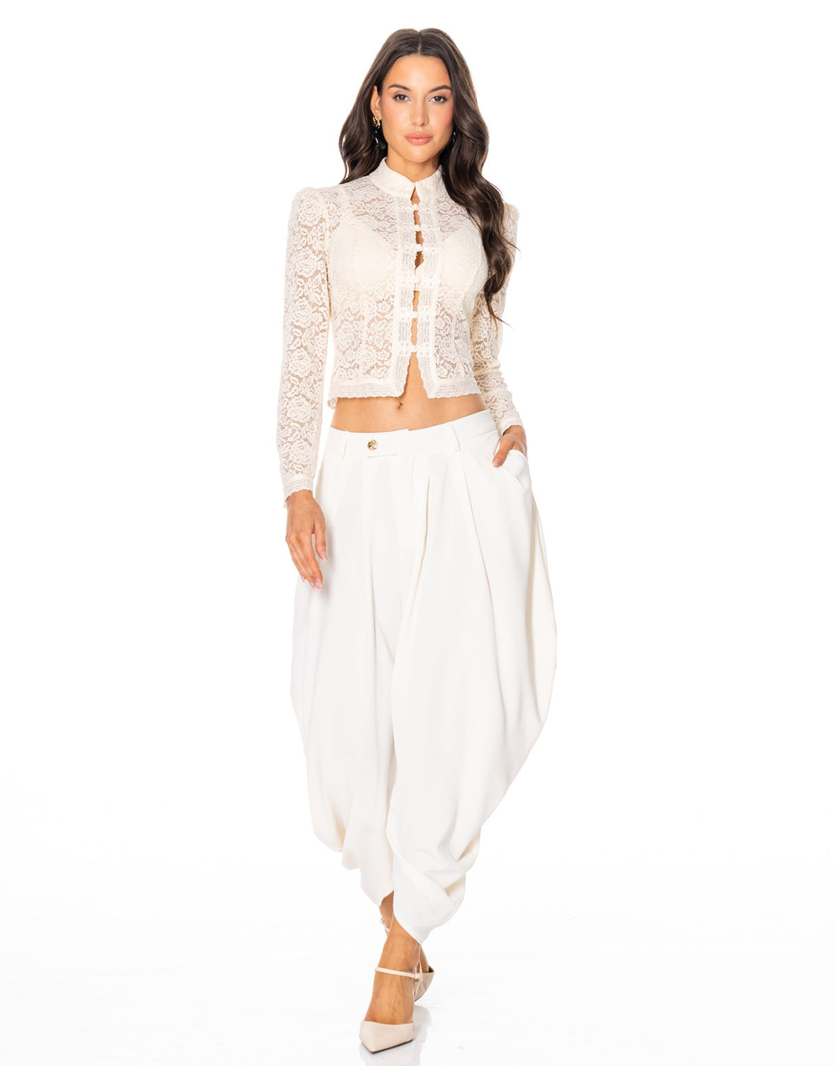 Lace Frog Closure Long Sleeve Blouse - Beige