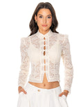 Lace Frog Closure Long Sleeve Blouse - Beige