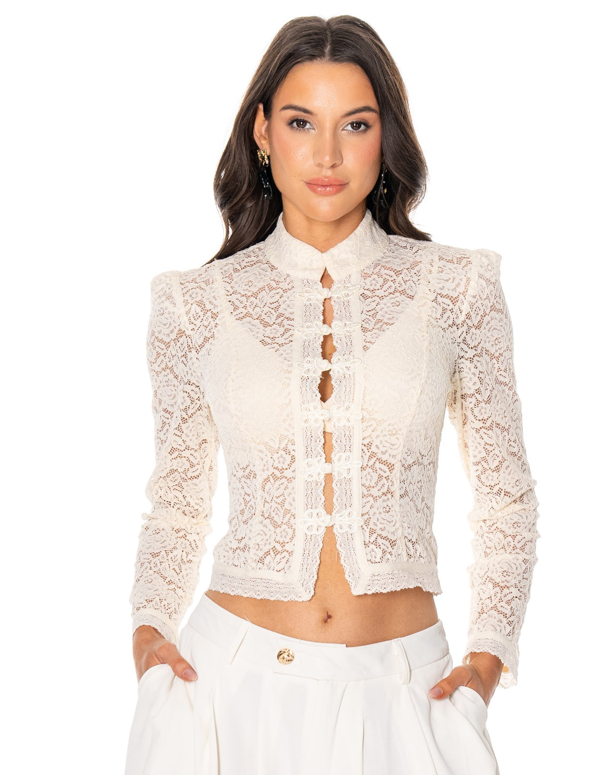 Lace Frog Closure Long Sleeve Blouse - Beige