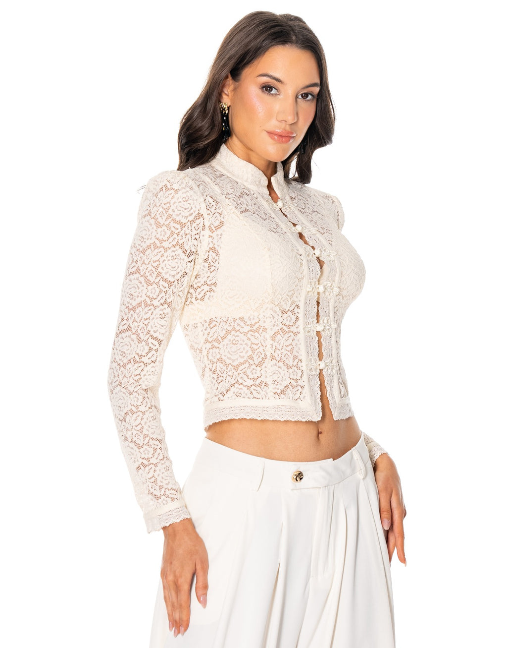 Lace Frog Closure Long Sleeve Blouse - Beige