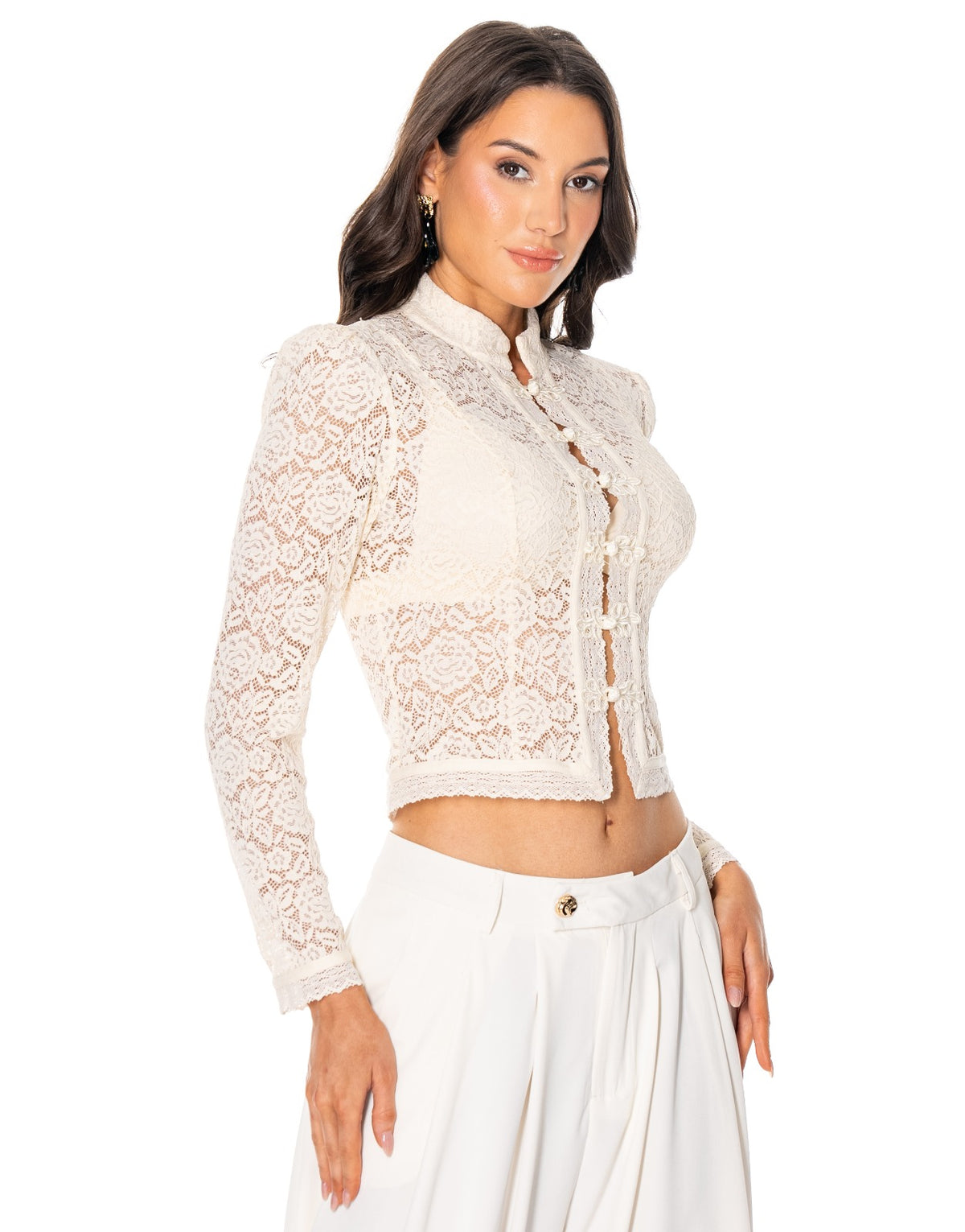 Lace Frog Closure Long Sleeve Blouse - Beige