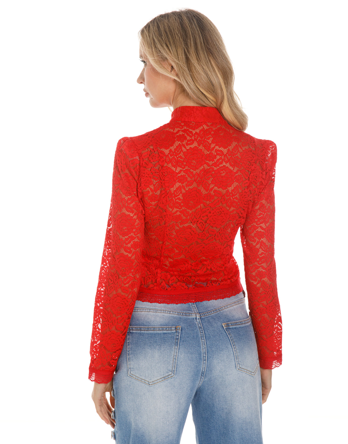 Lace Frog Closure Long Sleeve Blouse - Red